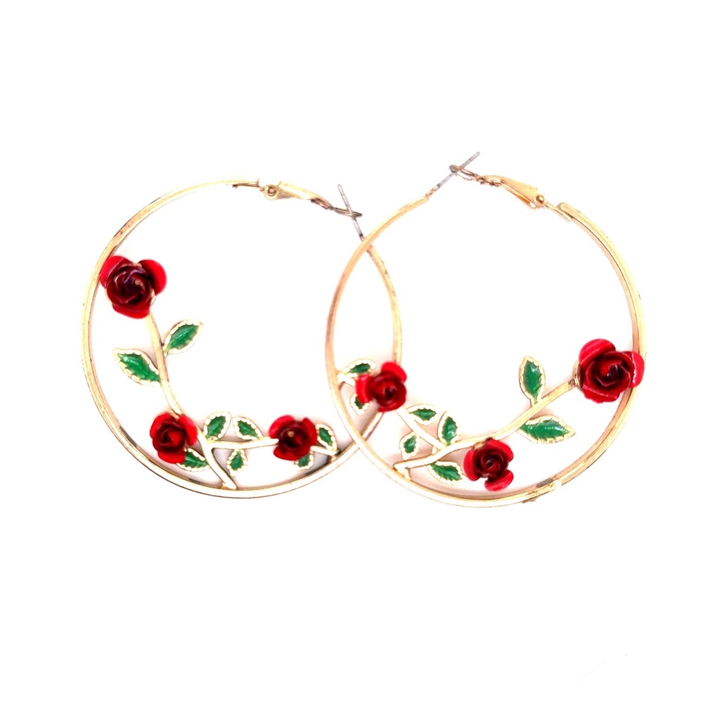 Gold Tone Red Enamel Rose Flower Hoop Earrings Floral Botanical Statement Hoops